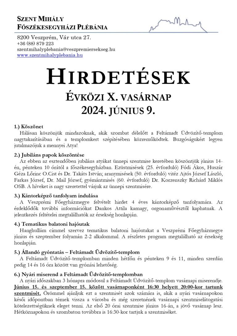 Hirdetések, évközi X. vasárnapra