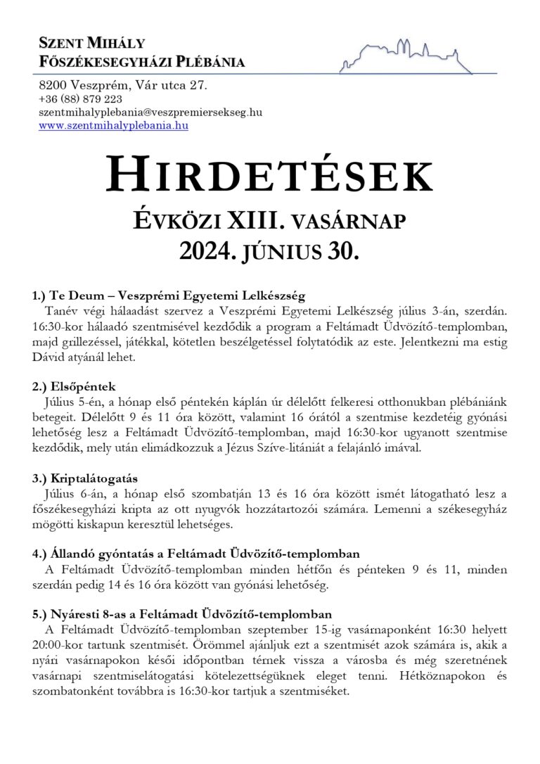 Hirdetések, évközi XIII. vasárnap